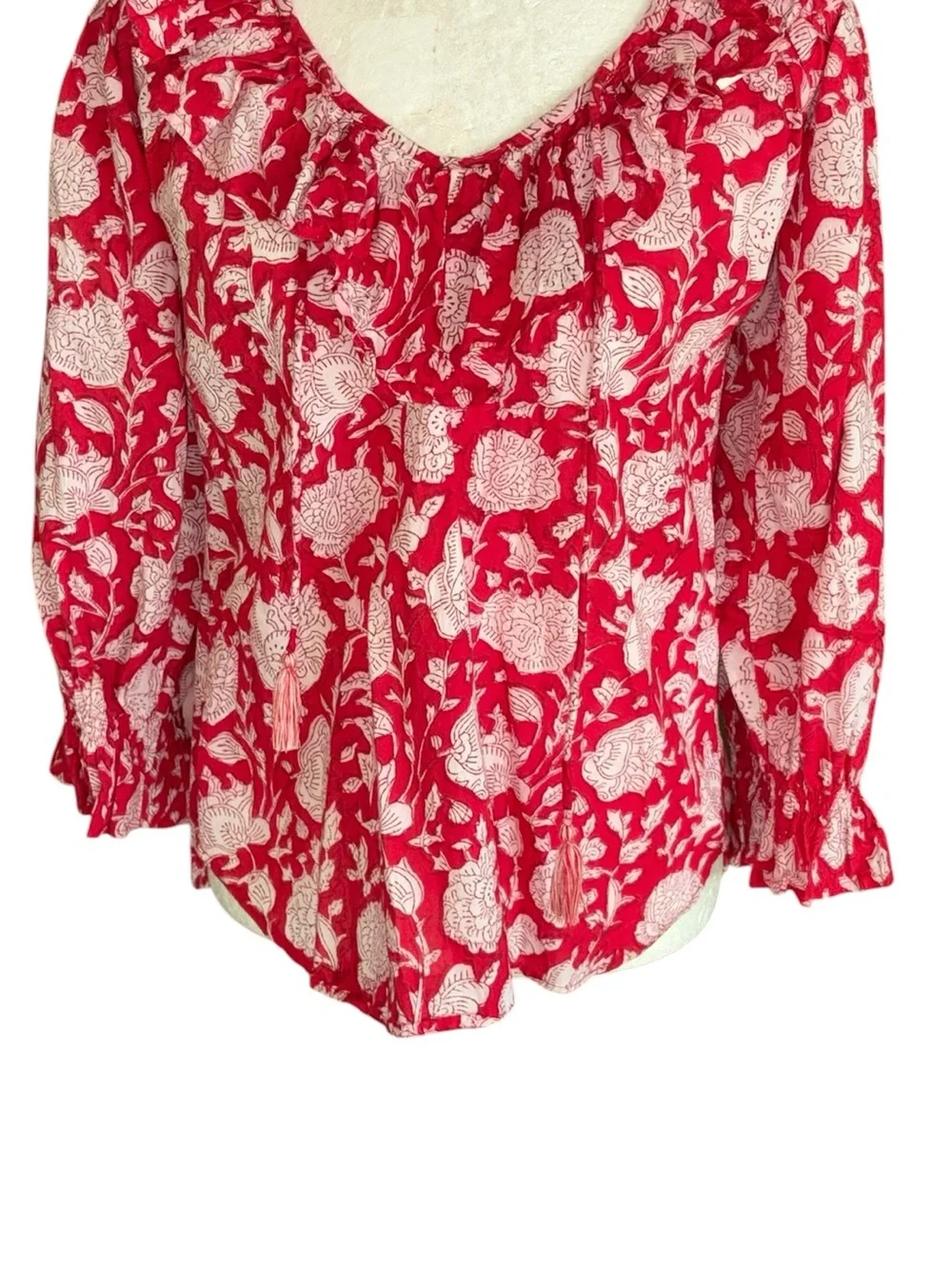 Anthropologie Mille May Red Zinnia Floral Print Ruffle Tie Neck Blouse - XXS +